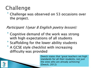 
Challenge was observed on 53 occasions over
the project.
Participant 1(year 8 English poetry lesson):

Cognitive demand of the work was strong
with high expectations of all students

Scaffolding for the lower ability students

A GCSE style checklist with increasing
difficulty was provided
Dweck states that ‘great teachers set high
standards for all their students, not just
the ones who are already achieving’
(Dweck, 2012)
 