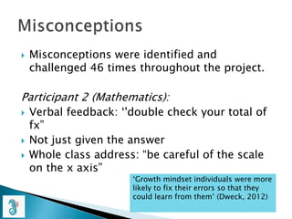  Misconceptions were identified and
challenged 46 times throughout the project.
Participant 2 (Mathematics):
 Verbal feedback: ‘'double check your total of
fx”
 Not just given the answer
 Whole class address: “be careful of the scale
on the x axis”
‘Growth mindset individuals were more
likely to fix their errors so that they
could learn from them’ (Dweck, 2012)
 