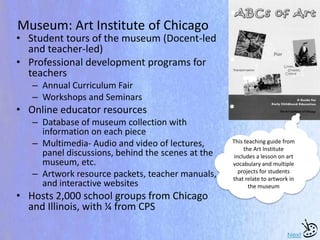 Museum: Art Institute of Chicago
• Student tours of the museum (Docent-led
and teacher-led)
• Professional development programs for
teachers
– Annual Curriculum Fair
– Workshops and Seminars
• Online educator resources
– Database of museum collection with
information on each piece
– Multimedia- Audio and video of lectures,
panel discussions, behind the scenes at the
museum, etc.
– Artwork resource packets, teacher manuals,
and interactive websites
• Hosts 2,000 school groups from Chicago
and Illinois, with ¼ from CPS
Next
This teaching guide from
the Art Institute
includes a lesson on art
vocabulary and multiple
projects for students
that relate to artwork in
the museum
 