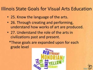Illinois State Goals for Visual Arts Education
• 25. Know the language of the arts.
• 26. Through creating and performing,
understand how works of art are produced.
• 27. Understand the role of the arts in
civilizations past and present.
*These goals are expanded upon for each
grade level
Next
 