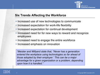 Six Trends Affecting the Workforce Increased use of new technologies to communicate Increased expectation for work-life flexibility Increased expectation for continual development Increased need for for new ways to reward and recognize employees Increased need to engage the entire workforce Increased emphasis on innovation “ Meister and Willyerd state that, “Never has a generation entered the workplace using technologies so far ahead of those adopted by their employer.’ This can be a major advantage for a given organization or a problem, depending upon how it is handled.” 