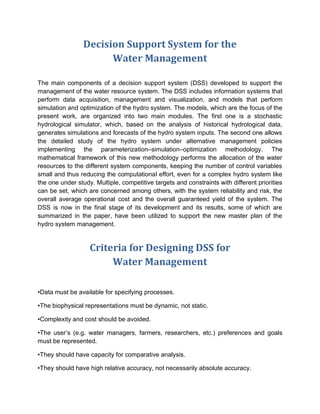 Water Management Decision support systems, optimization models and ...