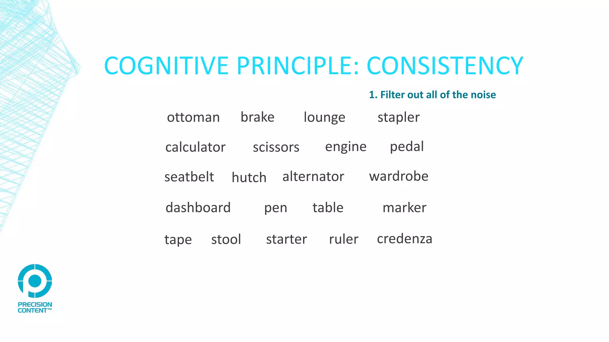 ottoman brake lounge stapler
dashboard pen table marker
seatbelt hutch alternator wardrobe
pedalcalculator scissors engine
tape stool starter ruler credenza
COGNITIVE PRINCIPLE: CONSISTENCY
1. Filter out all of the noise
 