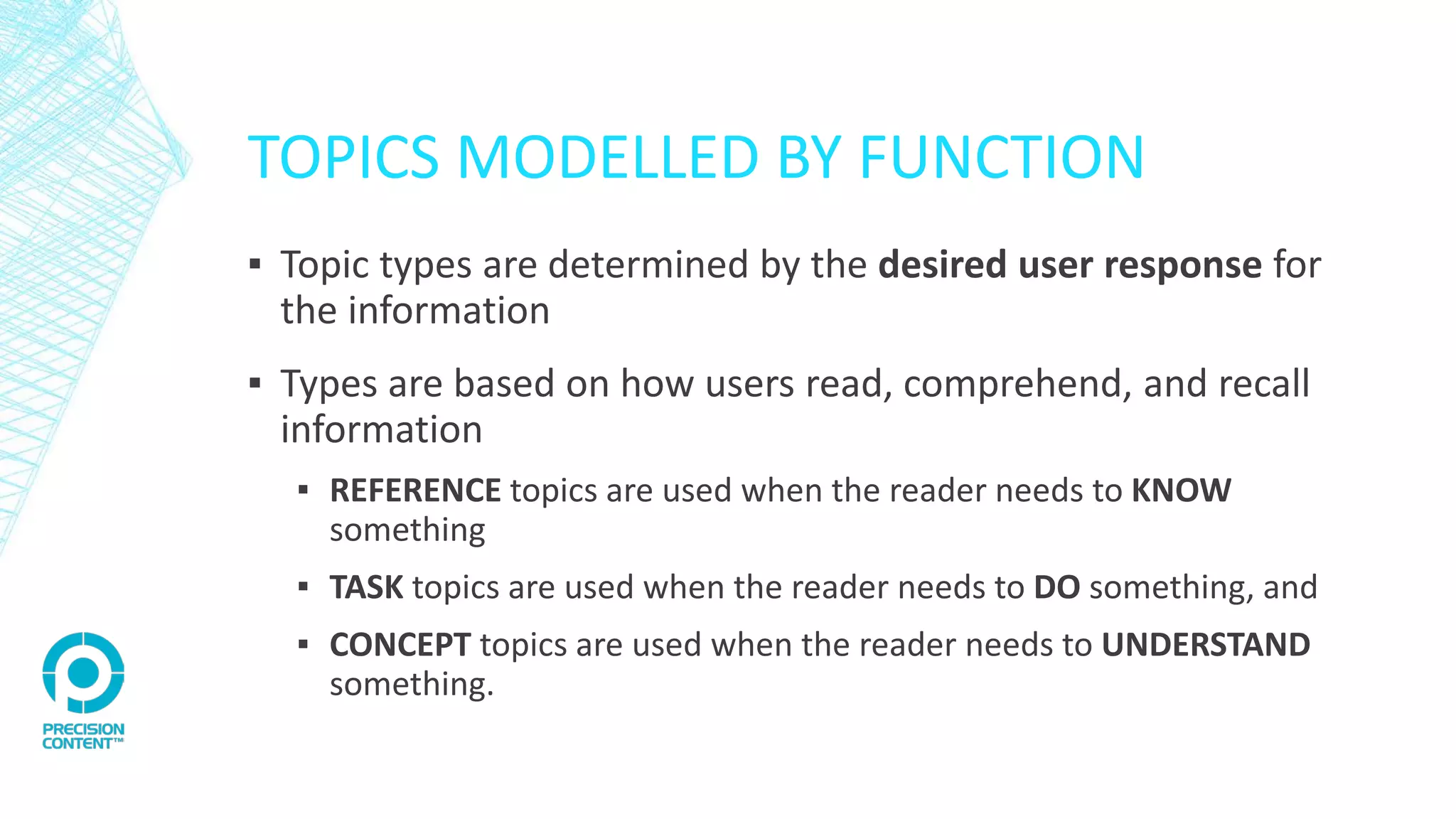 TOPICS MODELLED BY FUNCTION
▪ Topic types are determined by the desired user response for
the information
▪ Types are based on how users read, comprehend, and recall
information
▪ REFERENCE topics are used when the reader needs to KNOW
something
▪ TASK topics are used when the reader needs to DO something, and
▪ CONCEPT topics are used when the reader needs to UNDERSTAND
something.
 