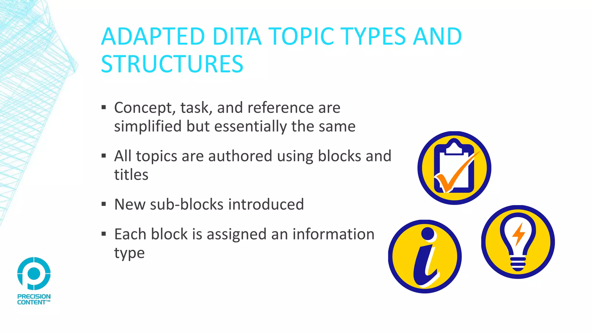 ADAPTED DITA TOPIC TYPES AND
STRUCTURES
▪ Concept, task, and reference are
simplified but essentially the same
▪ All topics are authored using blocks and
titles
▪ New sub-blocks introduced
▪ Each block is assigned an information
type
 