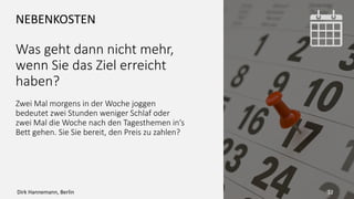 PRE MORTEM-ANALYSE
Woran wird es gescheitert
sein?
Setzen Sie sich gleich am Anfang eines Projekts
zusammen zu einem Gedankenspiel.
„Wenn wir hier in 12 Monaten zusammensitzen
und wissen, dass unser Projekt gescheitert ist –
woran wird es gelegen haben?“
Den Ernstfall durchzuspielen, warnt vor und
verhindert, die Fehler tatsächlich zu begehen.
12Dirk Hannemann, Berlin
 