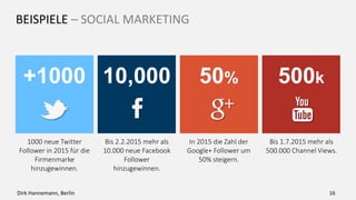 BEISPIELE – WEBSITE
In 2015 die Zahl
der Webseiten-
Besucher um 20%
steigern.
20%
zusätzliche
Besucher
Bis 01.03.2015
mehr als 200.000
Kanal B Besucher.
20%
zusätzliche
Besucher
Bounce Rate der
Webseite bis Ende
2015 auf weniger
als 60%
reduzieren.
60%
zusätzliche
Besucher
In 2015 die Zahl
der Google+
Follower um mehr
als 20% steigern.
20%
zusätzliche
Besucher
Bis 01.07.2015
mehr als 500.000
Kanal A Besucher.
20%
zusätzliche
Besucher
16Dirk Hannemann, Berlin
 