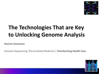 The Technologies That are Key
to Unlocking Genome Analysis
Hannes Smarason
Genome Sequencing |Personalized Medicine | Transforming Health Care
 