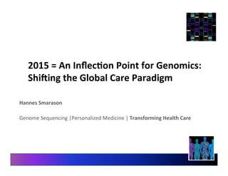 2015	
  =	
  An	
  Inﬂec-on	
  Point	
  for	
  Genomics:	
  	
  
Shi:ing	
  the	
  Global	
  Care	
  Paradigm	
  
Hannes	
  Smarason	
  
	
  
Genome	
  Sequencing	
  |Personalized	
  Medicine	
  |	
  Transforming	
  Health	
  Care	
  
 