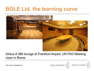 BOLE Ltd. the learning curve
Airbus A 380 lounge at Frankfurt Airport; UN FAO Meeting
room in Rome
Life is not a straight line
 