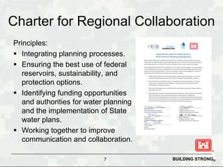 Charter for Regional Collaboration
Principles:
 Integrating planning processes.
 Ensuring the best use of federal
   reservoirs, sustainability, and
   protection options.
 Identifying funding opportunities
   and authorities for water planning
   and the implementation of State
   water plans.
 Working together to improve
   communication and collaboration.

                            7           BUILDING STRONG®
 