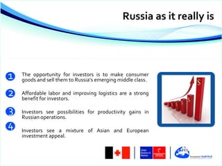 Russia as it really is




The opportunity for investors is to make consumer
goods and sell them to Russia’s emerging middle class.

Affordable labor and improving logistics are a strong
benefit for investors.

Investors see possibilities for productivity gains in
Russian operations.

Investors see a mixture of Asian and European
investment appeal.
 