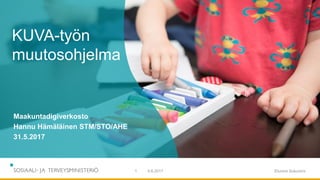5.6.2017 Etunimi Sukunimi1
KUVA-työn
muutosohjelma
Maakuntadigiverkosto
Hannu Hämäläinen STM/STO/AHE
31.5.2017
 