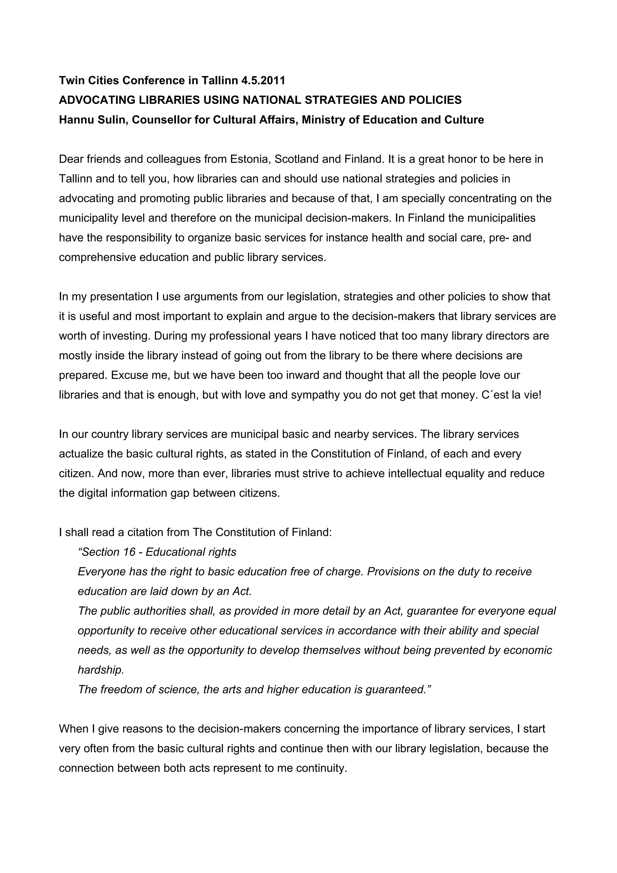 Advocating Libraries Using National Strategies and Policies | PDF