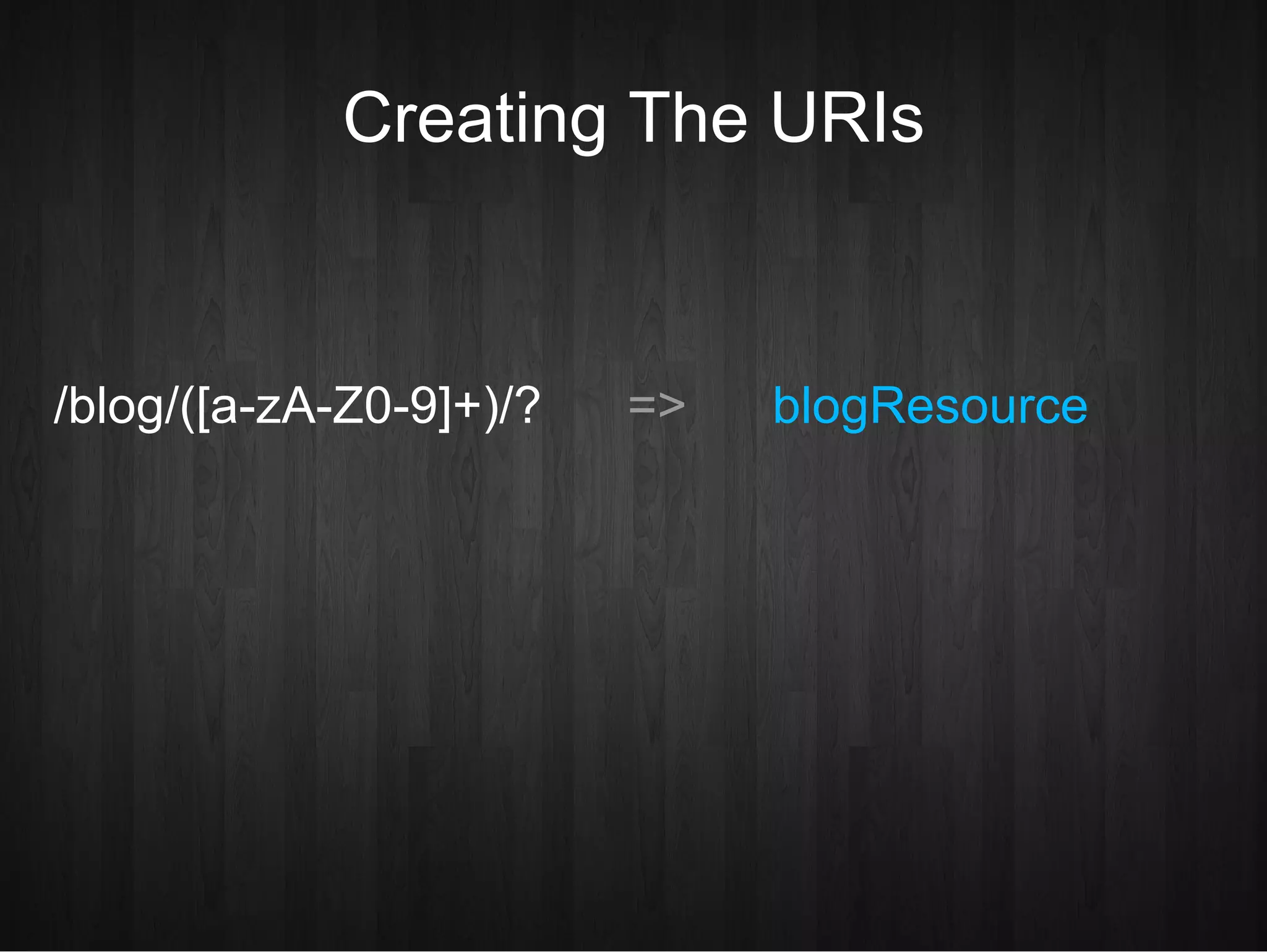 Creating The URIs /blog/([a-zA-Z0-9]+)/?  =>   blogResource 