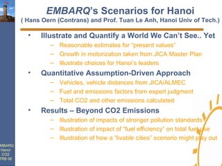 EMBARQ ’s Scenarios for Hanoi ( Hans Oern (Contrans) and Prof. Tuan Le Anh, Hanoi Univ of Tech.) ,[object Object],[object Object],[object Object],[object Object],[object Object],[object Object],[object Object],[object Object],[object Object],[object Object],[object Object],[object Object]