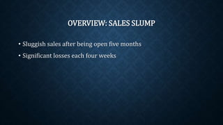 OVERVIEW: SALES SLUMP
• Sluggish sales after being open five months
• Significant losses each four weeks
 