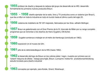 1955 profesor de diseño y después la cabeza del grupo de desarrollo de la HfG. desarrollo formalmente los primeros nuevos productos Braun. - 1955  - 1958 diseño ejemplar de la radio, fono y TV productos como un sistema (por Braun), que iba a influir en toda la industria en todo el mundo hasta el último cuarto del siglo 20. - 1956sistema de mobiliario de 'M 125' mejorado, fabricados por los Sres. wilhelmBofinger. - 1957Braun es galardonado con el Gran Premio de la XI. triennalede Milán por su rango completo programas que se remontan a los diseños de Hans Gugelot y OtlAicher. - 1959Gugelot comienza a trabajar en el metro de Hamburgo (concluido en 1962). - 1960 exposición en el museo de Ulm. - 1961 jefe de la rektoratskollegium de la HfG (hasta 1962). - 1962el desarrollo del logo de Braun en los colores plata / negro, muestra por primera vez en 'sixtant' máquina de afeitar.  trabaja para Agfa, Braun, Lumoprint. Institutfür  produktionsentwicklungestudio fundado para diseño industrial - 1963 conceptos por ejemplo, para Kodak, Girard, Weishaupt. 