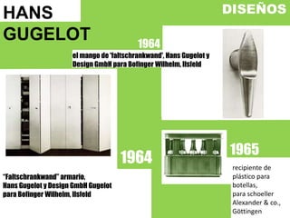 HANS GUGELOTDISEÑOS1964el mango de 'faltschrankwand', Hans Gugelot y DesignGmbHpara BofingerWilhelm, Ilsfeld19651964recipiente de plástico para botellas, para schoeller Alexander & co., Göttingen“Faltschrankwand” armario,Hans Gugelot y DesignGmbHGugelotpara BofingerWilhelm, Ilsfeld