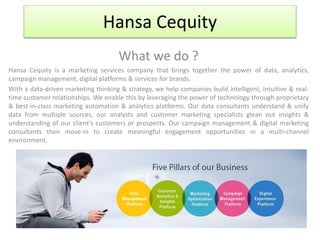 Hansa Cequity 
What we do ? 
Hansa Cequity is a marketing services company that brings together the power of data, analytics, 
campaign management, digital platforms & services for brands. 
With a data-driven marketing thinking & strategy, we help companies build intelligent, intuitive & real-time 
customer relationships. We enable this by leveraging the power of technology through proprietary 
& best-in-class marketing automation & analytics platforms. Our data consultants understand & unify 
data from multiple sources, our analysts and customer marketing specialists glean out insights & 
understanding of our client's customers or prospects. Our campaign management & digital marketing 
consultants then move-in to create meaningful engagement opportunities in a multi-channel 
environment. 
 