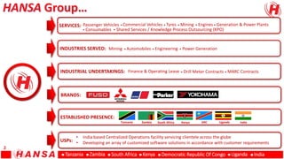 INDUSTRIES SERVED: Mining Automobiles Engineering Power Generation
ESTABLISHED PRESENCE:
Tanzania Zambia South Africa DRC IndiaUgandaKenya
BRANDS:
Consumables
SERVICES: Passenger Vehicles Commercial Vehicles Tyres Mining Engines Generation & Power Plants
Shared Services / Knowledge Process Outsourcing (KPO)
INDUSTRIAL UNDERTAKINGS: Finance & Operating Lease Drill Meter Contracts MARC Contracts
USPs:
• India based Centralized Operations facility servicing clientele across the globe
• Developing an array of customized software solutions in accordance with customer requirements
Tanzania UgandaZambia Democratic Republic Of CongoSouth Africa IndiaKenya
2
 