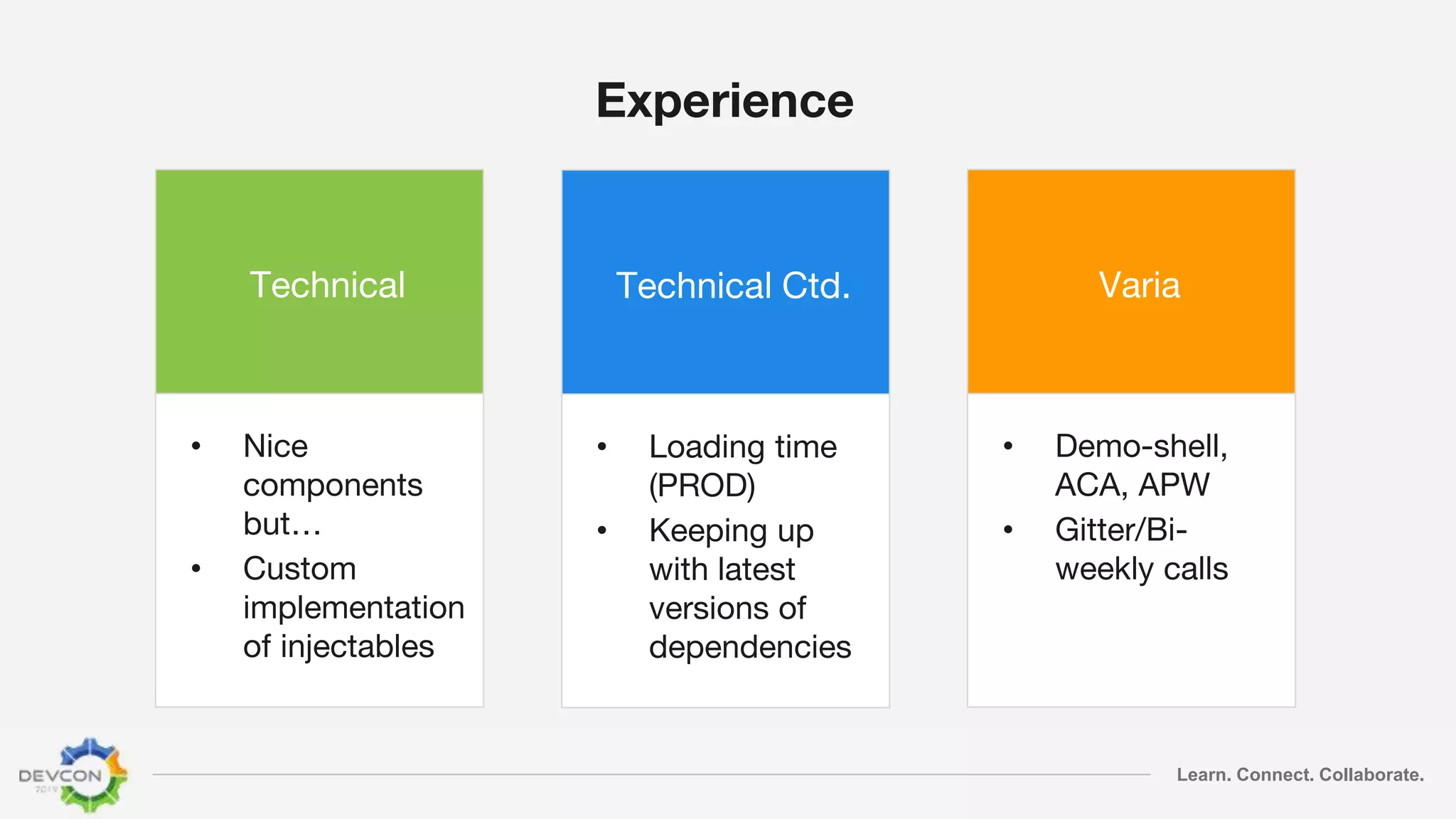 Learn. Connect. Collaborate.
Experience
Technical
• Nice
components
but…
• Custom
implementation
of injectables
Technical Ctd.
• Loading time
(PROD)
• Keeping up
with latest
versions of
dependencies
Varia
• Demo-shell,
ACA, APW
• Gitter/Bi-
weekly calls
 