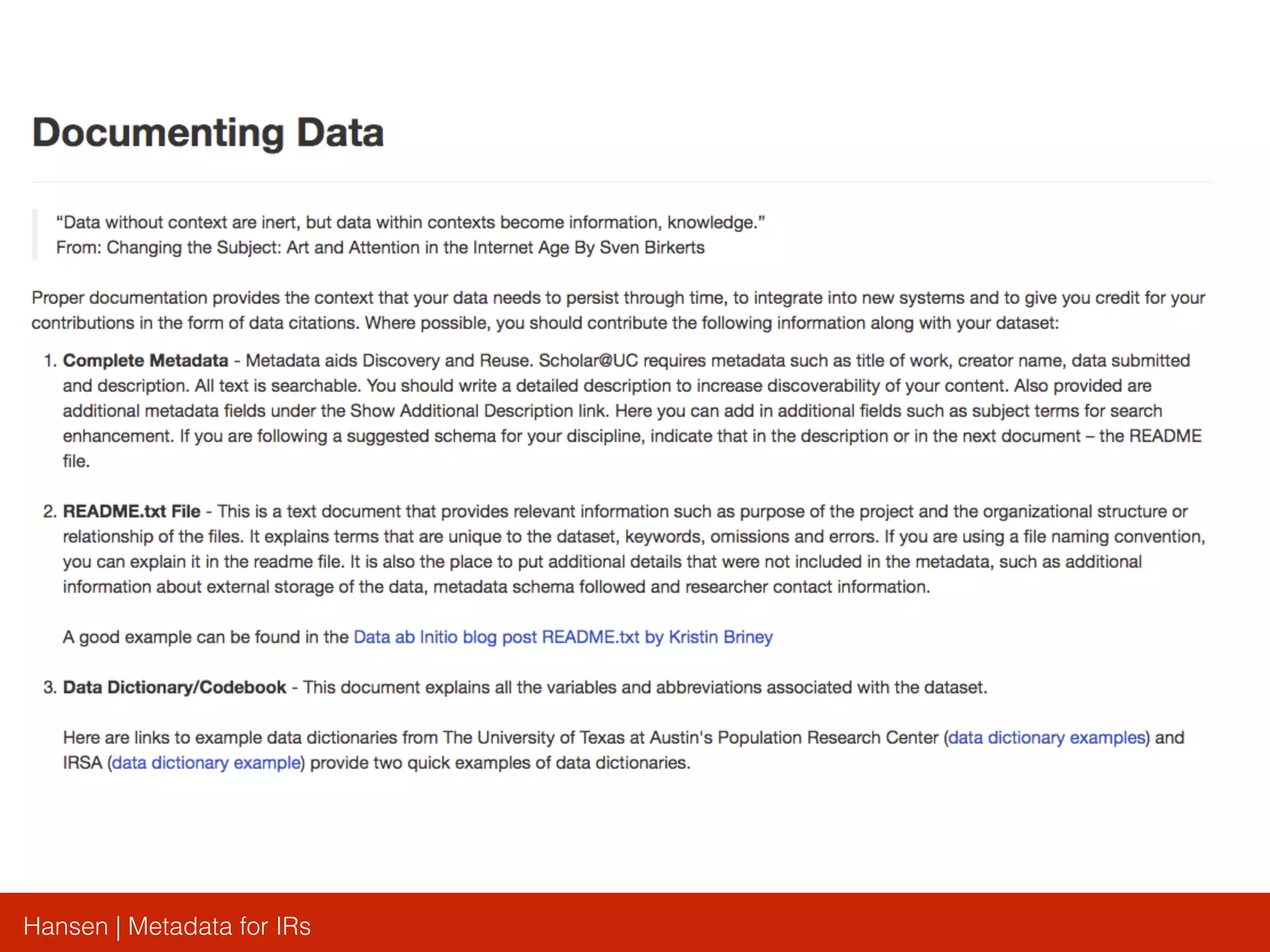 Hansen | Metadata for IRs
 
