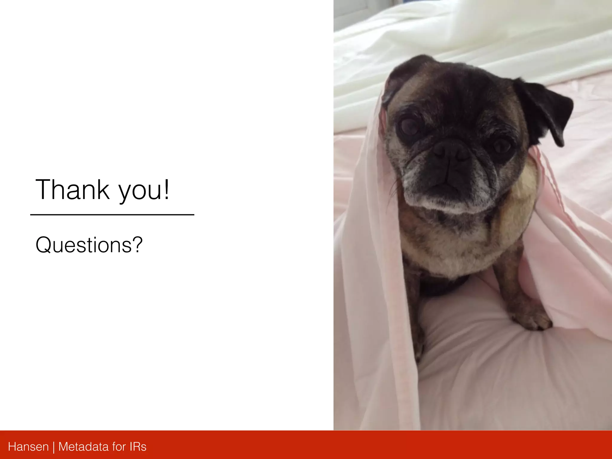 Hansen | Metadata for IRs
Thank you!
Questions?
 