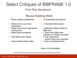 Hansen | BIBFRAME + BIBFRAME (Lite)
Select Critiques of BIBFRAME 1.0
From Rob Sanderson:
http://www.slideshare.net/azaroth42/linked-data-best-practices-and-bibframe
 