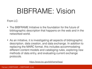 Hansen | BIBFRAME + BIBFRAME (Lite)
BIBFRAME: Vision
From LC:
• The BIBFRAME Initiative is the foundation for the future of
bibliographic description that happens on the web and in the
networked world.
• As an initiative, it is investigating all aspects of bibliographic
description, data creation, and data exchange. In addition to
replacing the MARC format, this includes accommodating
different content models and cataloging rules, exploring new
methods of data entry, and evaluating current exchange
protocols.
https://www.loc.gov/bibframe/faqs/
 