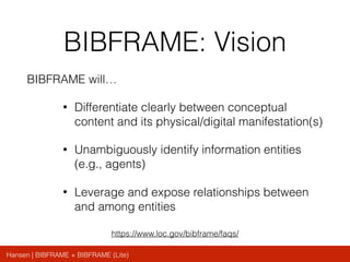 Hansen | BIBFRAME + BIBFRAME (Lite)
BIBFRAME: Vision
BIBFRAME will…
• Differentiate clearly between conceptual
content and its physical/digital manifestation(s)
• Unambiguously identify information entities
(e.g., agents)
• Leverage and expose relationships between
and among entities
https://www.loc.gov/bibframe/faqs/
 