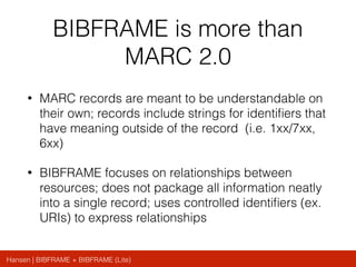 Hansen | BIBFRAME + BIBFRAME (Lite)
BIBFRAME is more than
MARC 2.0
• MARC records are meant to be understandable on
their own; records include strings for identiﬁers that
have meaning outside of the record (i.e. 1xx/7xx,
6xx)
• BIBFRAME focuses on relationships between
resources; does not package all information neatly
into a single record; uses controlled identiﬁers (ex.
URIs) to express relationships
 