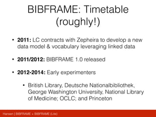 Hansen | BIBFRAME + BIBFRAME (Lite)
BIBFRAME: Timetable
(roughly!)
• 2011: LC contracts with Zepheira to develop a new
data model & vocabulary leveraging linked data
• 2011/2012: BIBFRAME 1.0 released
• 2012-2014: Early experimenters
• British Library, Deutsche Nationalbibliothek,
George Washington University, National Library
of Medicine; OCLC; and Princeton
 