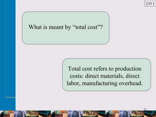 11
What is meant by “total cost”?
Total cost refers to production
costs: direct materials, direct
labor, manufacturing overhead.
LO 1
 