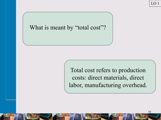11
What is meant by “total cost”?
Total cost refers to production
costs: direct materials, direct
labor, manufacturing overhead.
LO 1
 