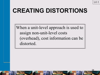 28
CREATING DISTORTIONS
When a unit-level approach is used to
assign non-unit-level costs
(overhead), cost information can be
distorted.
LO 3
 