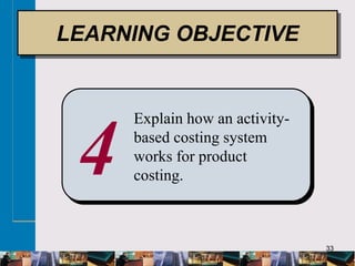 33
4
Explain how an activity-
based costing system
works for product
costing.
LEARNING OBJECTIVE
 