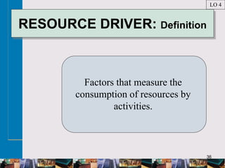 36
RESOURCE DRIVER: Definition
Factors that measure the
consumption of resources by
activities.
LO 4
 