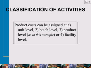 42
CLASSIFICATION OF ACTIVITIES
Product costs can be assigned at a)
unit level, 2) batch level, 3) product
level (as in this example) or 4) facility
level.
LO 4
 