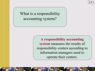 10
What is a responsibility
accounting system?
A responsibility accounting
system measures the results of
responsibility centers according to
information managers need to
operate their centers.
LO 1
 