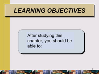 2
LEARNING GOALS
After studying this
chapter, you should be
able to:
LEARNING OBJECTIVESLEARNING OBJECTIVES
 