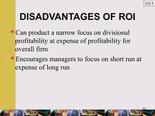 44
DISADVANTAGES OF ROI
Can product a narrow focus on divisional
profitability at expense of profitability for
overall firm
Encourages managers to focus on short run at
expense of long run
LO 3
 