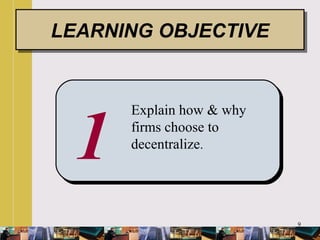 9
1
Explain how & why
firms choose to
decentralize.
LEARNING OBJECTIVELEARNING OBJECTIVE
 