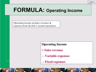 13
FORMULA: Operating Income
Operating income includes revenues &
expenses from the firm’s normal operations.
LO 1
Operating Income
= Sales revenue
– Variable expenses
– Fixed expenses
 