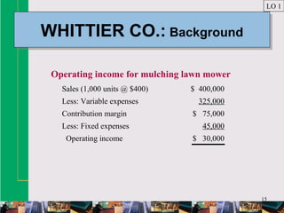 15
WHITTIER CO.: BackgroundWHITTIER CO.: Background
LO 1
Sales (1,000 units @ $400) $ 400,000
Less: Variable expenses 325,000
Contribution margin $ 75,000
Less: Fixed expenses 45,000
Operating income $ 30,000
Operating income for mulching lawn mower
 