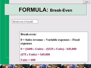 16
Break-even is 0 profit.
LO 1
Break-even:
0 = Sales revenue – Variable expenses – Fixed
expenses
0 = ($400 x Units) – ($325 x Units) - $45,000
($75 x Units) = $45,000
Units = 600
FORMULA: Break-Even
 