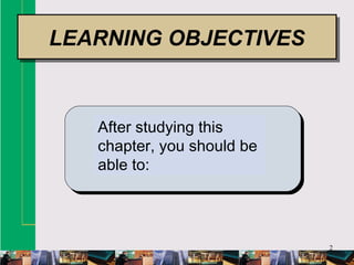 2
LEARNING GOALS
After studying this
chapter, you should be
able to:
LEARNING OBJECTIVESLEARNING OBJECTIVES
 