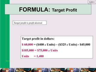 21
FORMULA: Target Profit
Target profit is profit desired.
LO 1
Target profit in dollars:
$ 60,000 = ($400 x Units) – ($325 x Units) - $45,000
$105,000 = $75,000 x Units
Units = 1,400
 