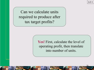 26
Can we calculate units
required to produce after
tax target profits?
Yes! First, calculate the level of
operating profit, then translate
into number of units.
LO 1
 