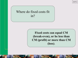 32
Where do fixed costs fit
in?
Fixed costs can equal CM
(break-even), or be less than
CM (profit) or more than CM
(loss).
LO 2
 